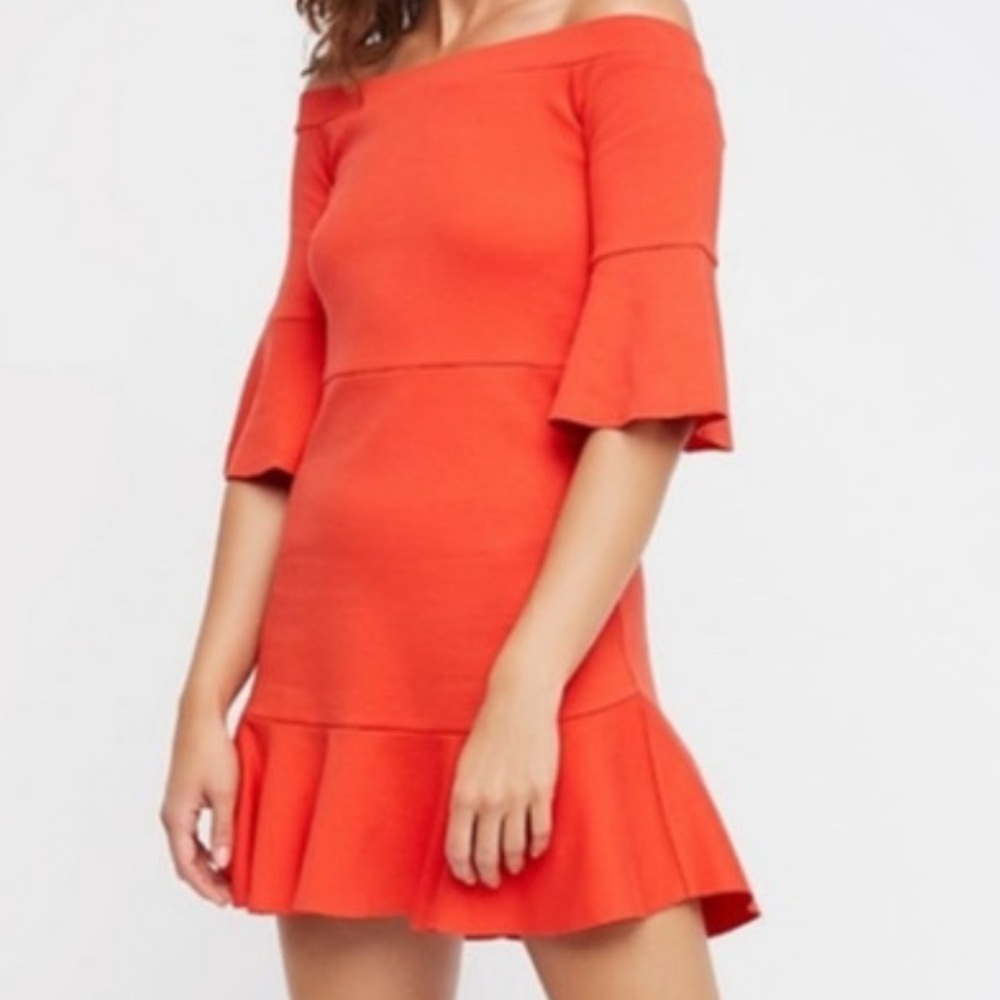 Off-Shoulder Orange-red Dress with Ruffle Hem